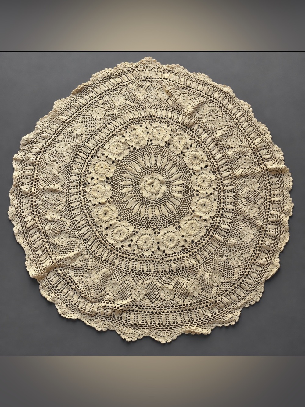 Vintage Ecru Crochet Lace Round Table Topper Floral Doily 28 x 29”